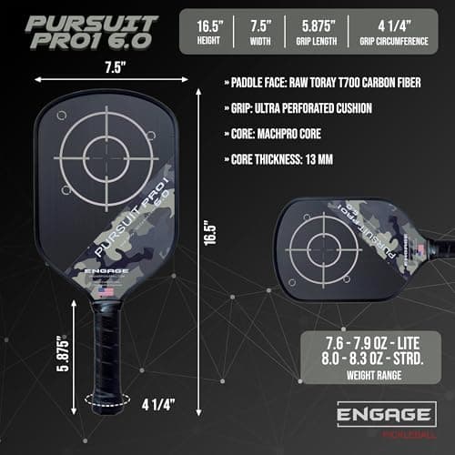 Engage Pursuit Pro1 6.0 Pickleball Paddle - Raw T700 Toray Carbon Fiber for Extreme Spin - MachPro Core for Maximum Power & Control