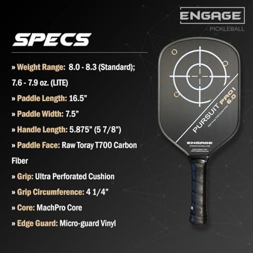Engage Pursuit Pro1 6.0 Pickleball Paddle - Raw T700 Toray Carbon Fiber for Extreme Spin - MachPro Core for Maximum Power & Control