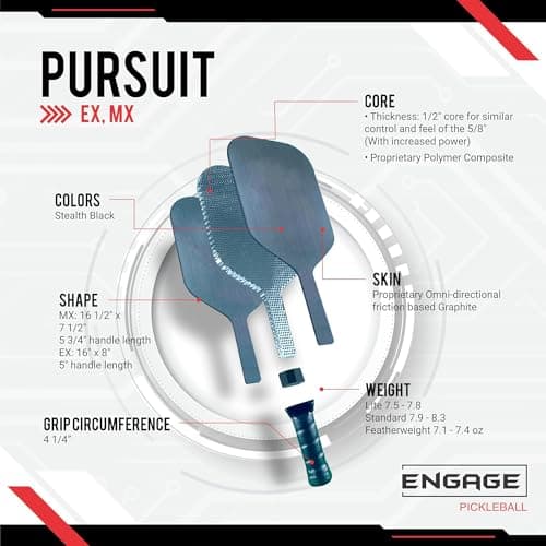 Engage Pickleball Pursuit MX 6.0 Graphite Skin Black Made in America Pickleball Paddle