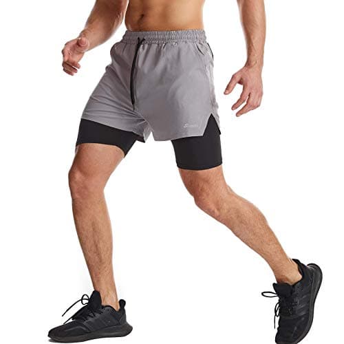 Surenow Mens 2 in 1 Running Shorts Quick Dry Athletic Shorts with Liner, Workout Shorts with Zip Pockets and Towel Loop
