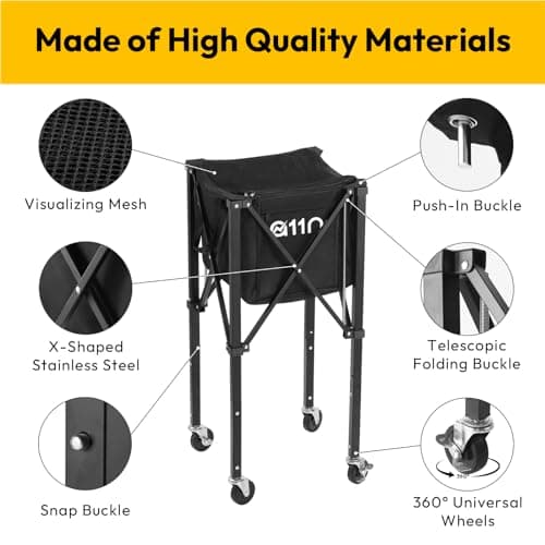 A11N Pickleball Tennis Ball Hopper - Sturdy Large Capacity Tennis Ball Basket Holds 120 Balls, Upgraded Pickleball Caddy Practice Equipment/Multifunction Pockets and Wheels for Training/Teaching