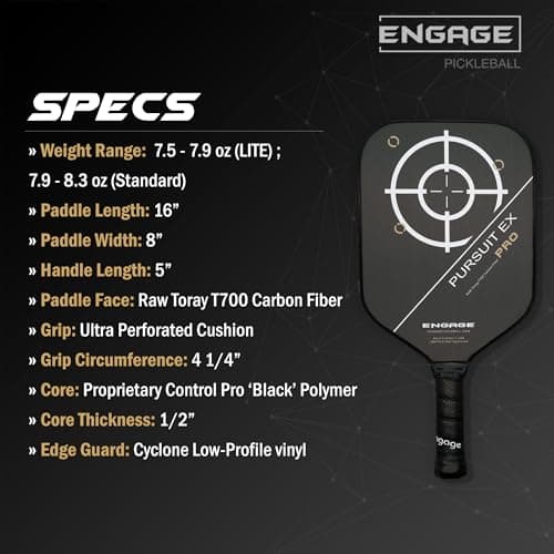 Engage Pursuit Pro EX Pickleball Paddle – Widebody Shape, Raw T700 Toray Carbon Fiber Face, 13mm Control Pro “Black” Core, Vortex Barrier Edge Technology Limits Vibration