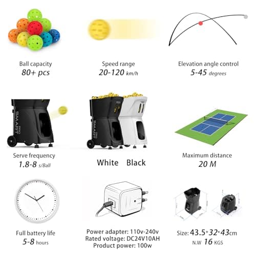 PP Smart PRO Pickleball Machine - 85+ Ball Capacity, 4-6hr Battery, 20-120km/h Speed, 26M Range, App & Remote Control, 5-45° Angle - Perfect for Training, Club & School Coaching