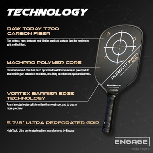 Engage Pursuit Pro1 6.0 Pickleball Paddle - Raw T700 Toray Carbon Fiber for Extreme Spin - MachPro Core for Maximum Power & Control