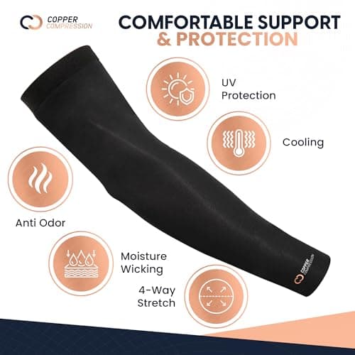 Copper Compression Arm Sleeve - Copper Infused Full Arm Brace for Forearm, Bicep, Triceps - Tennis Elbow, Basketball, Golf, Arthritis, Tendonitis, Bursitis, Post Surgery Rehab - Black - S