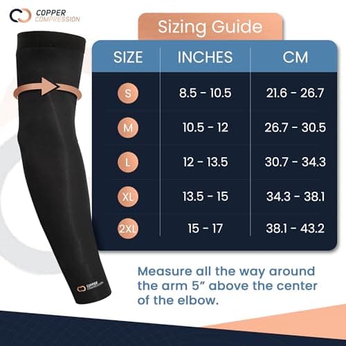 Copper Compression Arm Sleeve - Copper Infused Full Arm Brace for Forearm, Bicep, Triceps - Tennis Elbow, Basketball, Golf, Arthritis, Tendonitis, Bursitis, Post Surgery Rehab - Black - S