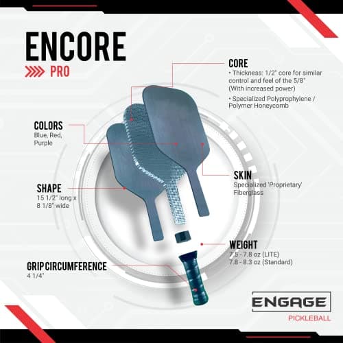 Engage Encore Pro Pickleball Paddle | USAPA Approved | Textured FiberTEK Fiberglass Face & ControlPRO Polymer Core