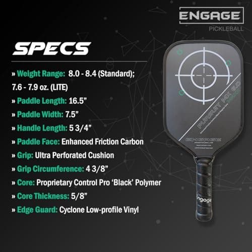 Engage Pickleball Pursuit MAXX MX 6.0 Carbon Fiber Paddle, Elongated Shape, Enhanced Friction Carbon, 5/8" Thick Core with Control Pro 'Black' Technology