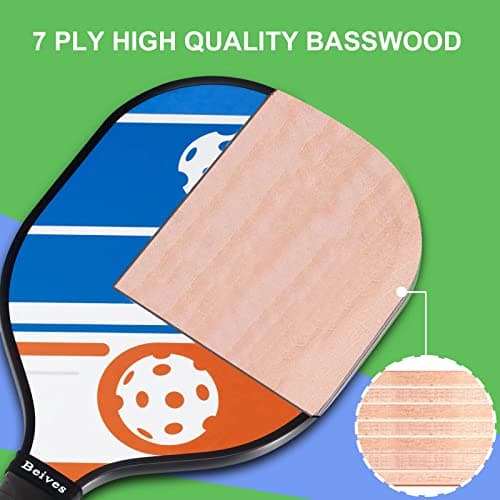 Pickleball Paddles Pickleball Set 7-ply Basswood Wooden Pickleball Rackets Set of 4 with 6 Balls and 1 Carry Bag, Pickleball Equipment for Beginner to Intermediate with Extra Edge Guard