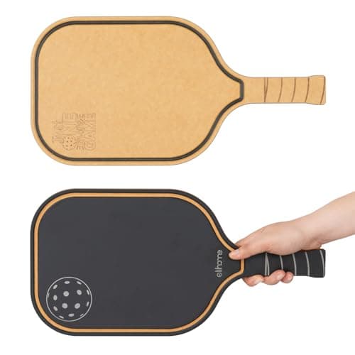 Pickleball Charcuterie & Cutting Board, Pickleball Gifts for Women Men, Wood Fiber 16 x 8.5, Paddle Shape with Handle, Dishwasher Safe, Reversible Design, Juice Groove "Just One More Game"