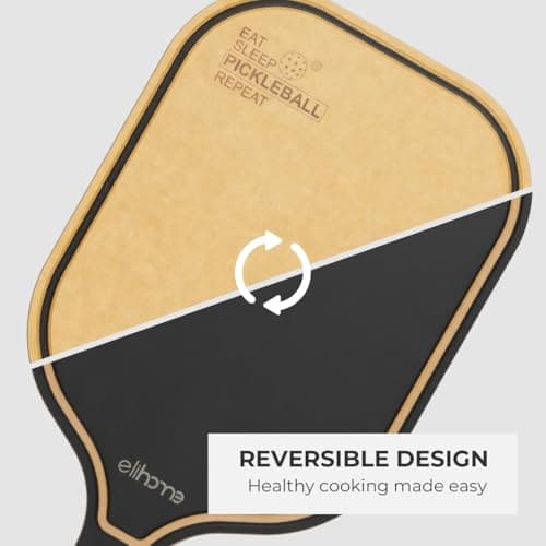 Pickleball Charcuterie & Cutting Board, Pickleball Gifts for Women Men, Wood Fiber 16 x 8.5, Paddle Shape with Handle, Dishwasher Safe, Reversible Design, Juice Groove "Just One More Game"