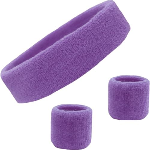 Kenz Laurenz Sweatband Set Cotton Sports Headband Terry Cloth Wristband Moisture Wicking Sweat Absorbing Head Band Athletic Exercise Basketball Wrist Sweatbands and Headbands