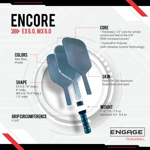 Engage Encore EX 6.0 Pickleball Paddle | USAPA Approved | Textured FiberTEK High Compression Fiberglass Face & ControlPRO II Polymer Core