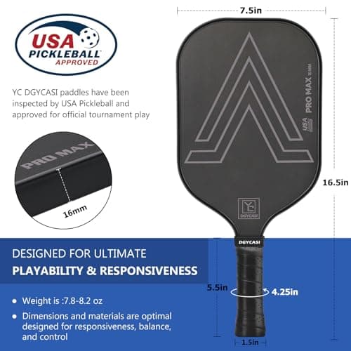 YC DGYCASI 16mm Pickleball Paddles Professional, 2025 USAPA Approved T700 Carbon Fiber Surface Pickle Paddle(CFS), Polypropylene Lightweight Honeycomb Core, Cushion Comfort Grip, with Cover Case Black