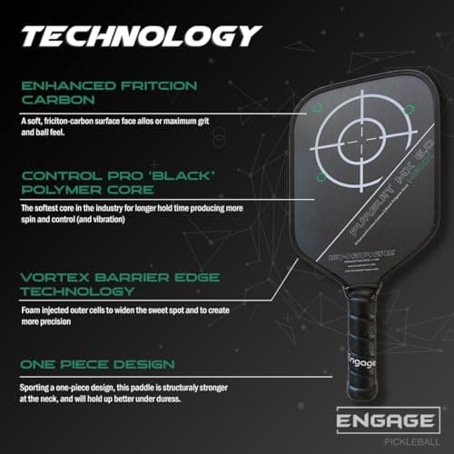 Engage Pickleball Pursuit MAXX MX 6.0 Carbon Fiber Paddle, Elongated Shape, Enhanced Friction Carbon, 5/8" Thick Core with Control Pro 'Black' Technology