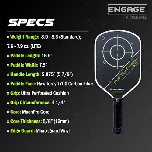 Engage Pursuit Pro1 6.0 Pickleball Paddle - Raw T700 Toray Carbon Fiber for Extreme Spin - MachPro Core for Maximum Power & Control