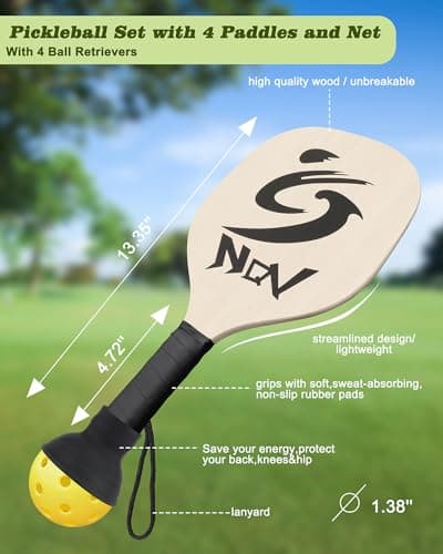 NQV Pickleball Set with Net,10FT Half Court Size Pickleball Net Portable Outdoor Indoor Driveway Home+4 Wood Paddles+4 Pickle Balls+4 Ball Retrievers, Pickleball Set for Adults Kids Beginners Pros