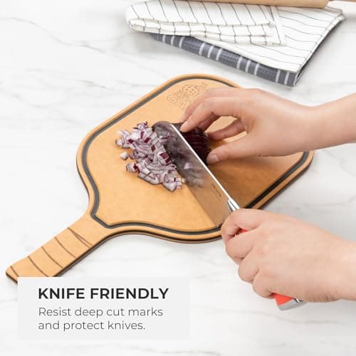 Pickleball Charcuterie & Cutting Board, Pickleball Gifts for Women Men, Wood Fiber 16 x 8.5, Paddle Shape with Handle, Dishwasher Safe, Reversible Design, Juice Groove "Just One More Game"