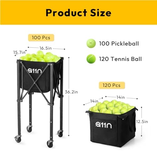A11N Pickleball Tennis Ball Hopper - Sturdy Large Capacity Tennis Ball Basket Holds 120 Balls, Upgraded Pickleball Caddy Practice Equipment/Multifunction Pockets and Wheels for Training/Teaching