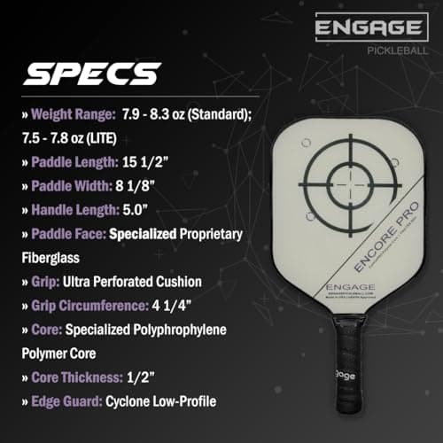 Engage Encore Pro Pickleball Paddle | USAPA Approved | Textured FiberTEK Fiberglass Face & ControlPRO Polymer Core