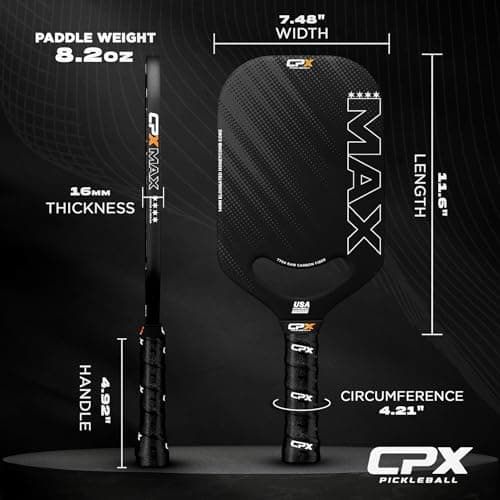 CPX MAX Black Raw Carbon Fiber T700 Pickleball Elongated Paddle Racket - Professional Grade, 14mm Core Thickness, Comfortable Tennis Style Grip - Durable Designed in Chicago, USA