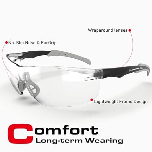 ANSI Z87.1 Fit-Upgraded Safety Glasses – Anti-Fog, UV, Impact & Scratch Resistant – Clear Wraparound for Work, Pickleball, Racquetball – No-Slip Nose Grip – 1 Pack