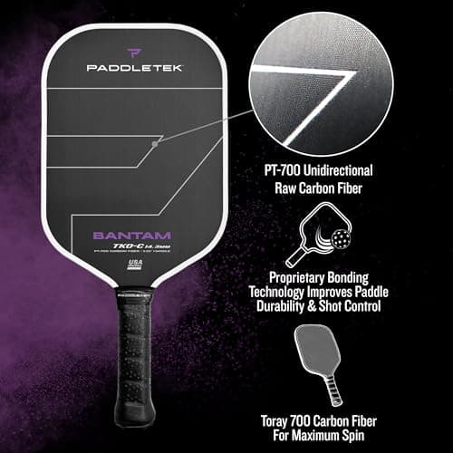 Paddletek Bantam TKO-C 14.3mm Pickleball Paddles with Polymer Honeycomb Core - Unidirectional Carbon Fiber – Torsional Weighting & High Tack Performance Grip - USAPA Approved - 5.25 Inch Handle
