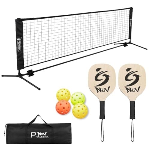 NQV Pickleball Set with Net-10FT Half Court Size Pickleball Net+Wood Pickleball Paddles+Pickle Balls+Ball Retrievers, Portable Outdoor Driveway Indoor for Adults Beginners