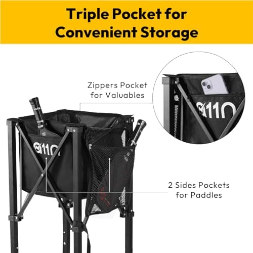 A11N Pickleball Tennis Ball Hopper - Sturdy Large Capacity Tennis Ball Basket Holds 120 Balls, Upgraded Pickleball Caddy Practice Equipment/Multifunction Pockets and Wheels for Training/Teaching