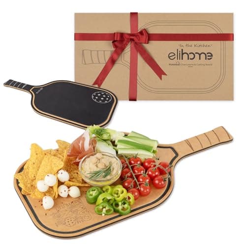 Pickleball Charcuterie & Cutting Board, Pickleball Gifts for Women Men, Wood Fiber 16 x 8.5, Paddle Shape with Handle, Dishwasher Safe, Reversible Design, Juice Groove "Just One More Game"