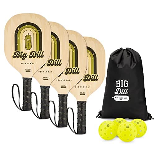 Big Dill Pickleball Superstar Pickle Ball Paddle Set of 4 Wooden Paddles — Pack of 4 Pickleball Paddles Set, 4 Pickleball Balls & Bag for Pickle Ball Rackets, Beginner Pickleball Racket Sets