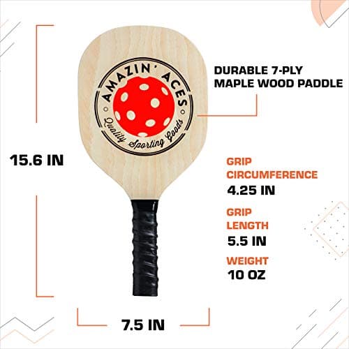 Amazin' Aces Pickleball Wood Paddles Set of 4 or 2 - Wood Pickleball Rackets for All Levels, Includes 4 Wooden Pickleball Paddles with Comfy Cushion Grip, 4 Pickleball Balls, and 1 Pickleball Bag