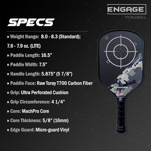 Engage Pursuit Pro1 6.0 Pickleball Paddle - Raw T700 Toray Carbon Fiber for Extreme Spin - MachPro Core for Maximum Power & Control