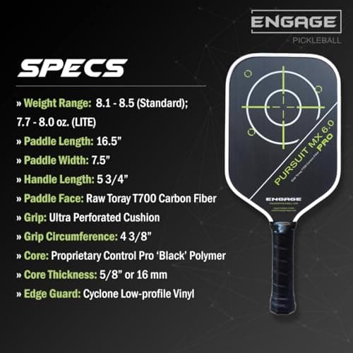 Engage Pursuit Pro MX 6.0 Pickleball Paddle – Elongated Shape, Raw T700 Toray Carbon Fiber Face, 16mm Control Pro “Black” Core