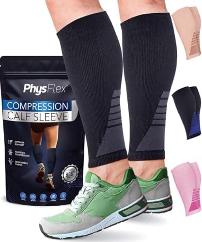 Calf Compression Sleeves for Men and Women - (1 Pair) Footless Compression Socks Support for Varicose Veins, Nursing, Pregnancy, Running - PhysFlex Leg Sleeve Brace for Shin Splints, Pain Relief and Reduces Swelling (Black, Medium)
