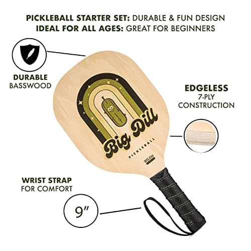 Big Dill Pickleball Superstar Pickle Ball Paddle Set of 4 Wooden Paddles — Pack of 4 Pickleball Paddles Set, 4 Pickleball Balls & Bag for Pickle Ball Rackets, Beginner Pickleball Racket Sets