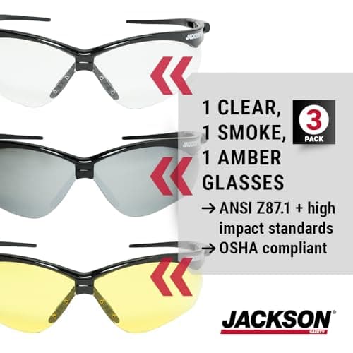 Jackson Safety SG Safety Glasses - Eye Protection for Men & Women - Anti-Scratch Lens with Black Frame - ANSI Z87.1 - Pack of 3 (Multiple Styles)