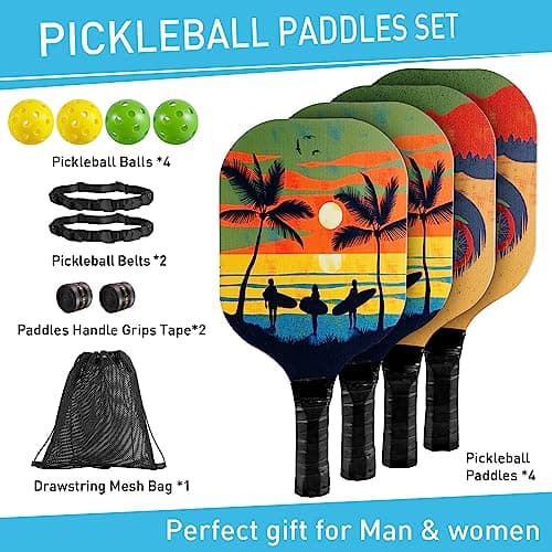 Pickleball Paddles Set of 4 with 4 Premium 9-Ply Basswood Paddles & 4 Pickleballs & 2 Handle Grips Tape & 2 Pickleball Belts & Carry Bag for Beginners Men Women Adults(New Version)