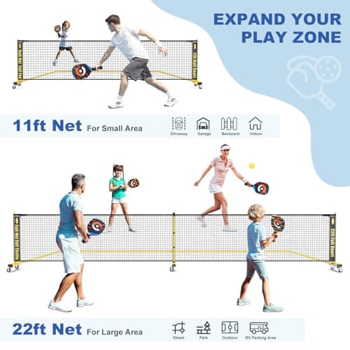 Pickleball Net Set, Portable Pickleball Set w/Wheels, 11ft & 22ft Regulation Size Pickel Ball Net, Set of 4 Balls and Paddles, Heavy Duty Frame for Backyard Driveway Outdoor