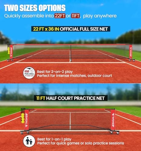 BAGAIL Portable Pickleball Net Set with Wheels, 22 FT Regulation Size & 11 FT Half Court Size 2-in-1 Pickle Ball Net with Ball Collector, Carry Bag, 4 Pickle Balls, Easy Setup for Outdoor Indoor