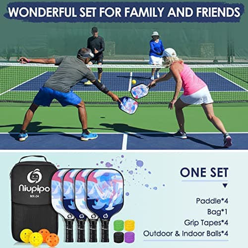 niupipo Pickleball Paddles Set of 2/4, USAPA Approved Fiberglass Surface Lightweight Pickle Ball Rackets with Honeycomb Core, 2 Indoor and 2 Outdoor Balls, 1 Carrying Bag for Beginner, Men, Women