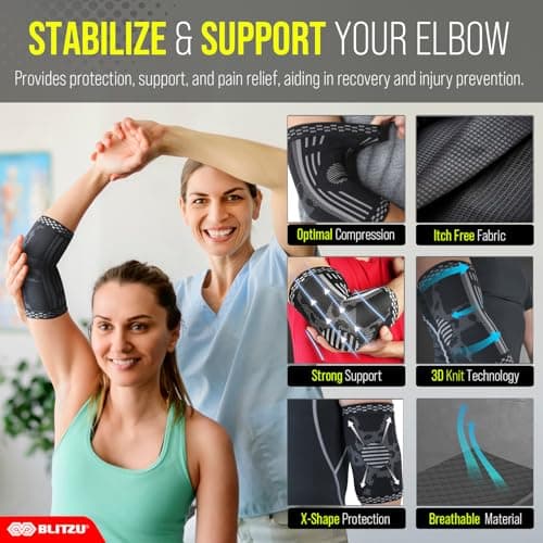 BLITZU 2 Pack Elbow Compression Sleeve, Tennis Elbow Brace Support for Golfer's, Arthritis, Bursitis & Tendonitis Treatment & Pain. Great for Gym Workout, Weightlifting. Black Large.