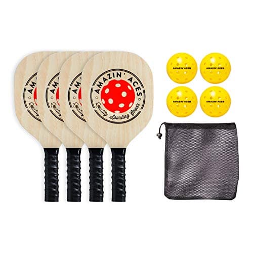 Amazin' Aces Pickleball Wood Paddles Set of 4 or 2 - Wood Pickleball Rackets for All Levels, Includes 4 Wooden Pickleball Paddles with Comfy Cushion Grip, 4 Pickleball Balls, and 1 Pickleball Bag