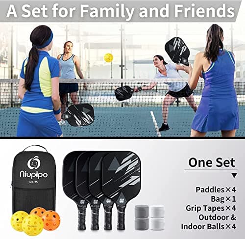 niupipo Pickleball Paddles Set of 2/4, USAPA Approved Lightweight Pickleball Rackets, Durable Fiberglass Surface with Polypropylene Honeycomb Core, Cushion Grip and Carry Bag