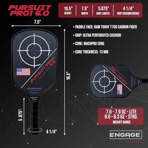 Engage Pursuit Pro1 6.0 Pickleball Paddle - Raw T700 Toray Carbon Fiber for Extreme Spin - MachPro Core for Maximum Power & Control (New, Standard Weight (8.0-8.3 Ounce))