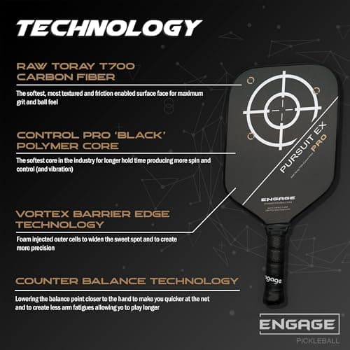 Engage Pursuit Pro EX Pickleball Paddle – Widebody Shape, Raw T700 Toray Carbon Fiber Face, 13mm Control Pro “Black” Core, Vortex Barrier Edge Technology Limits Vibration