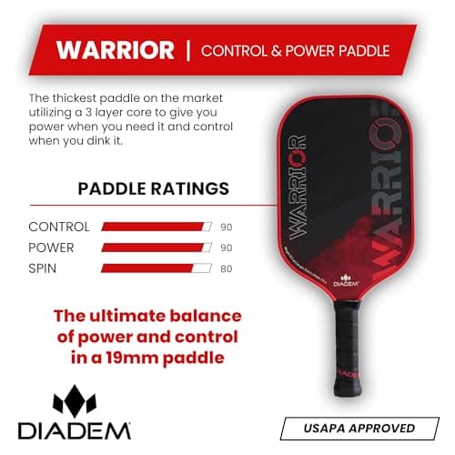Diadem Warrior Pickleball Paddle | Carbon Fiber Face, 3X L-Core Hybrid Nomex Polymer Honeycomb Core, Grit Paint Surface for Spin, Control and Power | Indoor/Outdoor | USAPA Approved