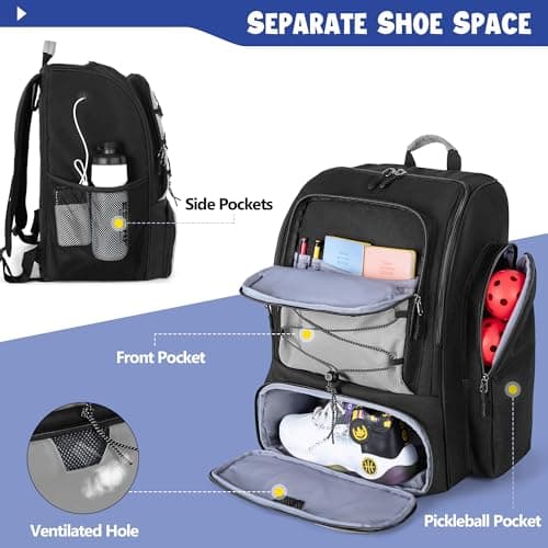Pickleball Bag for 4 Paddles with Shoe Compartment, Pickleball Backpack with Fence Hook for Pickleball Accessories