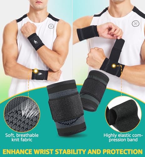 HiRui Wrist Brace/Wraps Wrist Compression Strap and Support for Work Fitness Weightlifting Sprains Tendonitis, Carpal Tunnel Arthritis, Pain Relief, Adjustable Wristbands 2 PACK (Black, M)