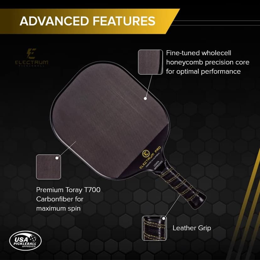 Paddle USAPA Approved | Carbon Fiber Surface | Polypropylene Honeycomb Core | Best Paddle for Spin and Power | Lightweight